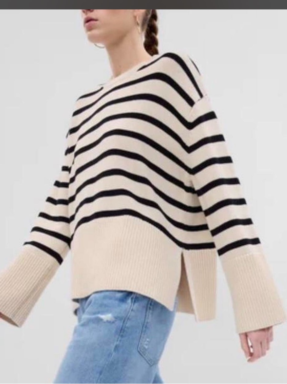 NWOT GAP Cream and Black Striped Crewneck Sweater 100% Cotton